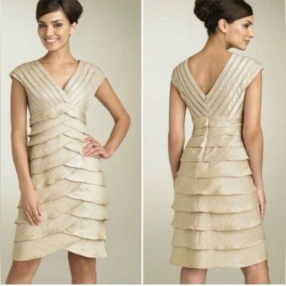 Adrianna Papell 6P Petite Champagne Metallic Tiered V-Neck Dress, New With Tag - Picture 3 of 17